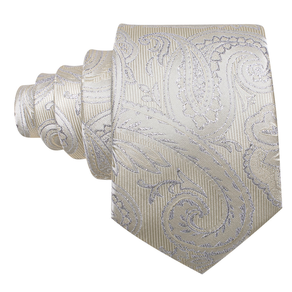 Light Yellow Silver Paisley Silk Tie, Pocket Square and Cufflinks Set tie sets - Sophisticated Gentlemen
