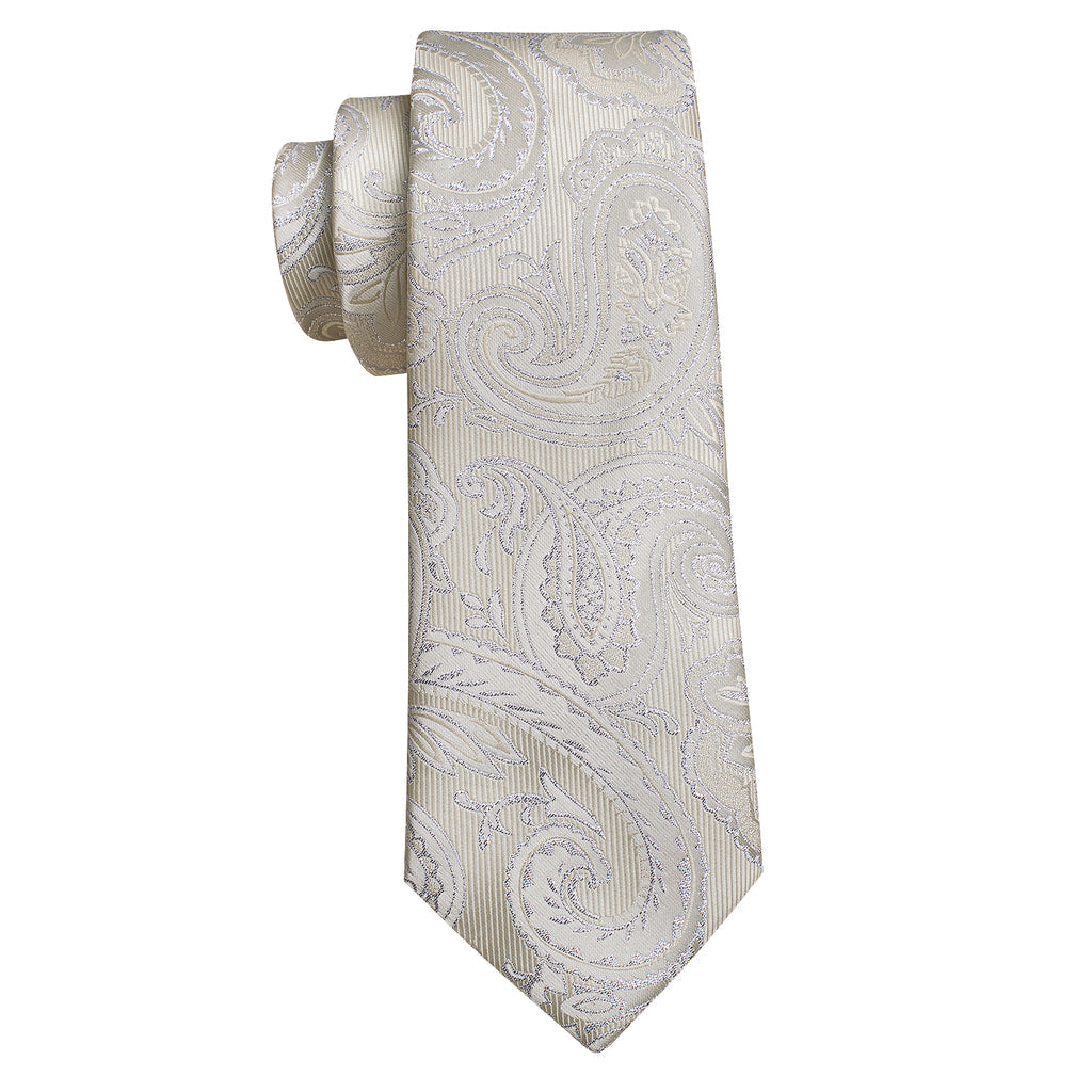 Light Yellow Silver Paisley Silk Tie, Pocket Square and Cufflinks Set tie sets - Sophisticated Gentlemen