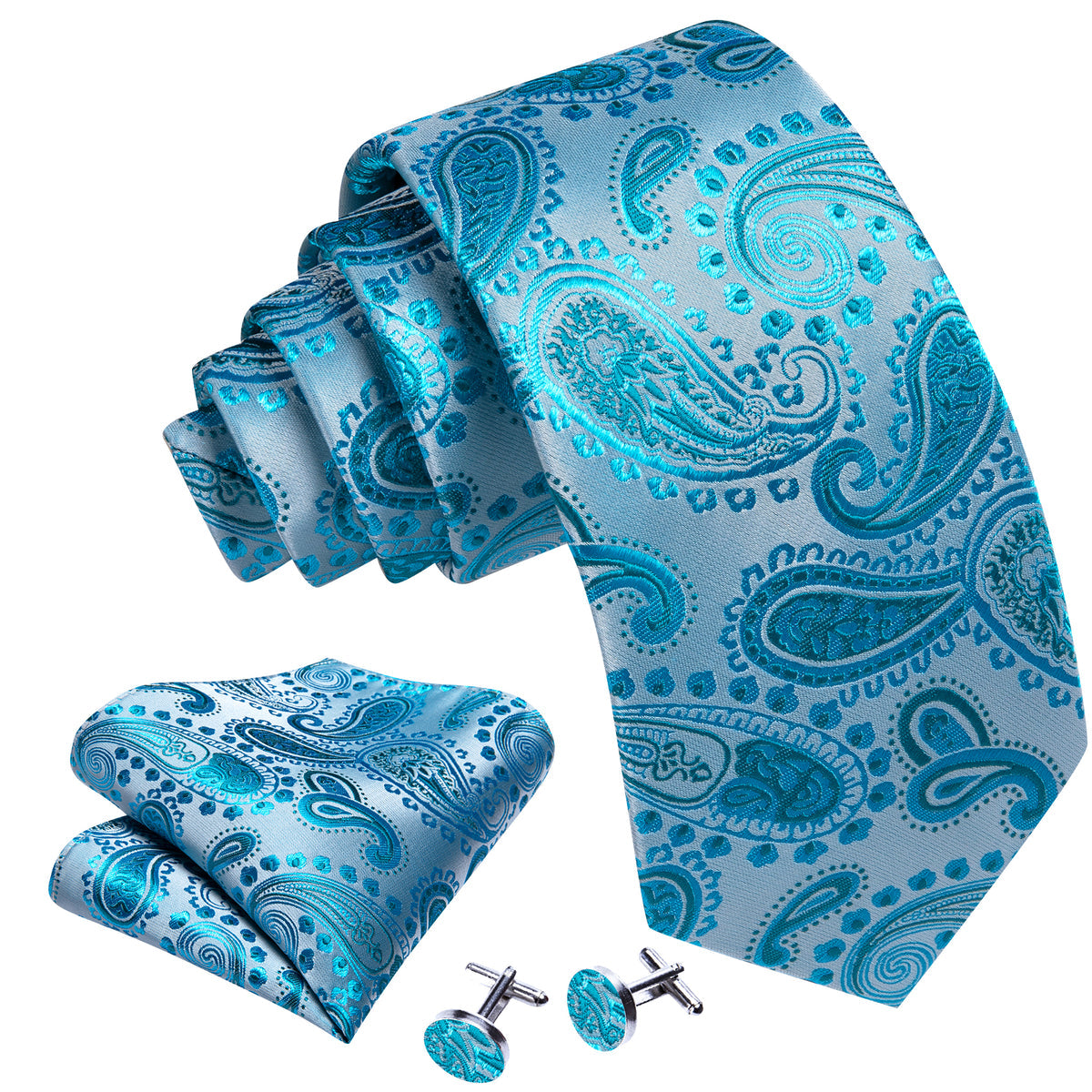 Sky Blue Beautiful Paisley Tie, Pocket Square and Cufflinks Set tie sets - Sophisticated Gentlemen