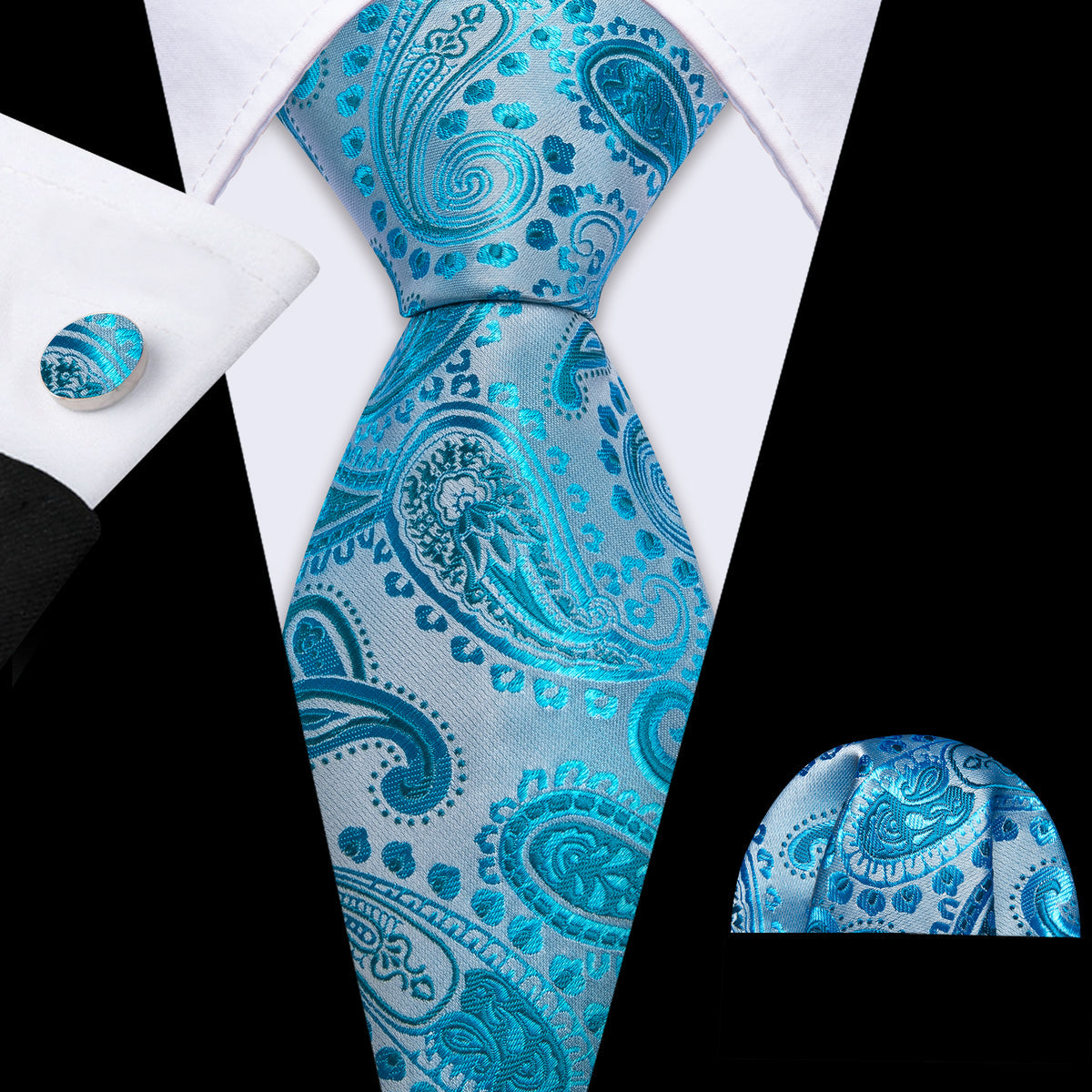 Sky Blue Beautiful Paisley Tie, Pocket Square and Cufflinks Set tie sets - Sophisticated Gentlemen