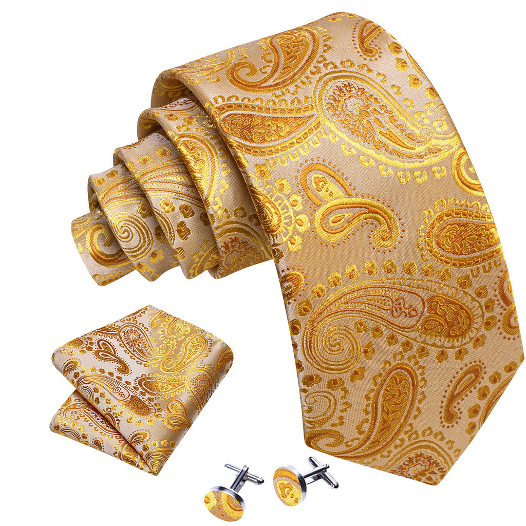 Gold Paisley Silk Tie, Pocket Square and Cufflinks Set tie sets - Sophisticated Gentlemen