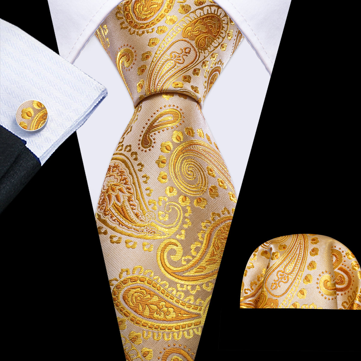 Gold Paisley Silk Tie, Pocket Square and Cufflinks Set tie sets - Sophisticated Gentlemen