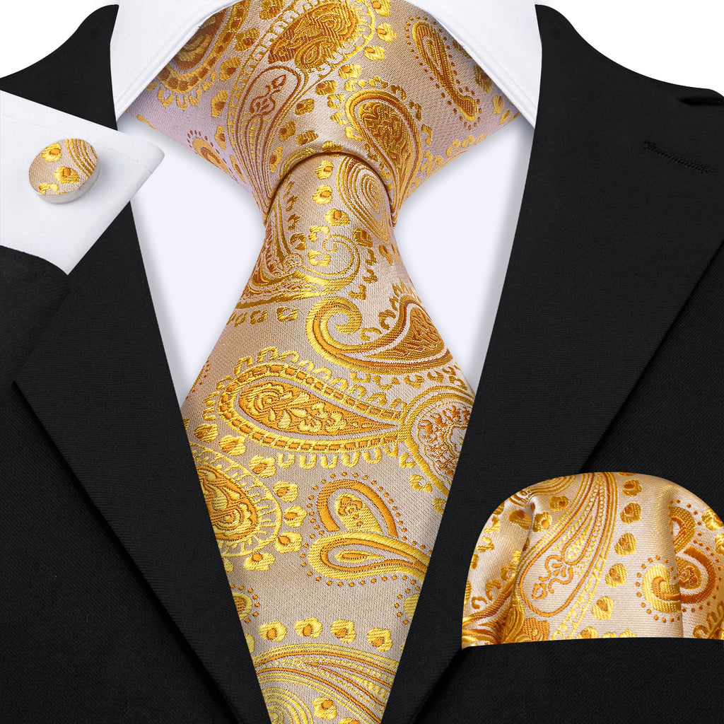 Gold Paisley Silk Tie, Pocket Square and Cufflinks Set tie sets - Sophisticated Gentlemen