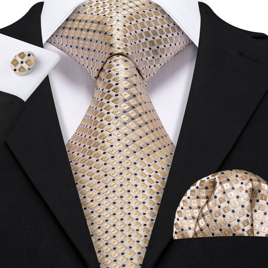 Brown Geometric Silk Tie, Pocket Square and Cufflinks tie sets Default Title - Sophisticated Gentlemen