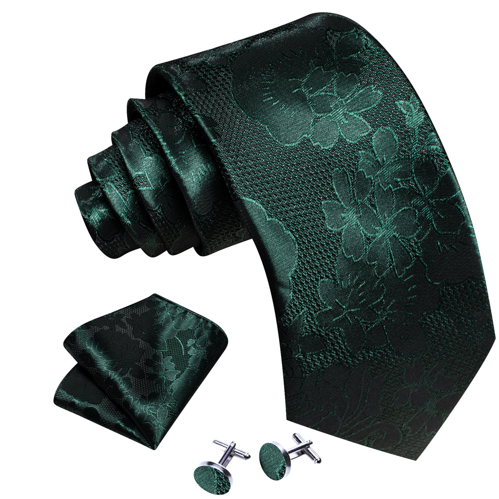 Dark Green Flower Silk Tie, Pocket Square and Cufflinks Set tie sets - Sophisticated Gentlemen