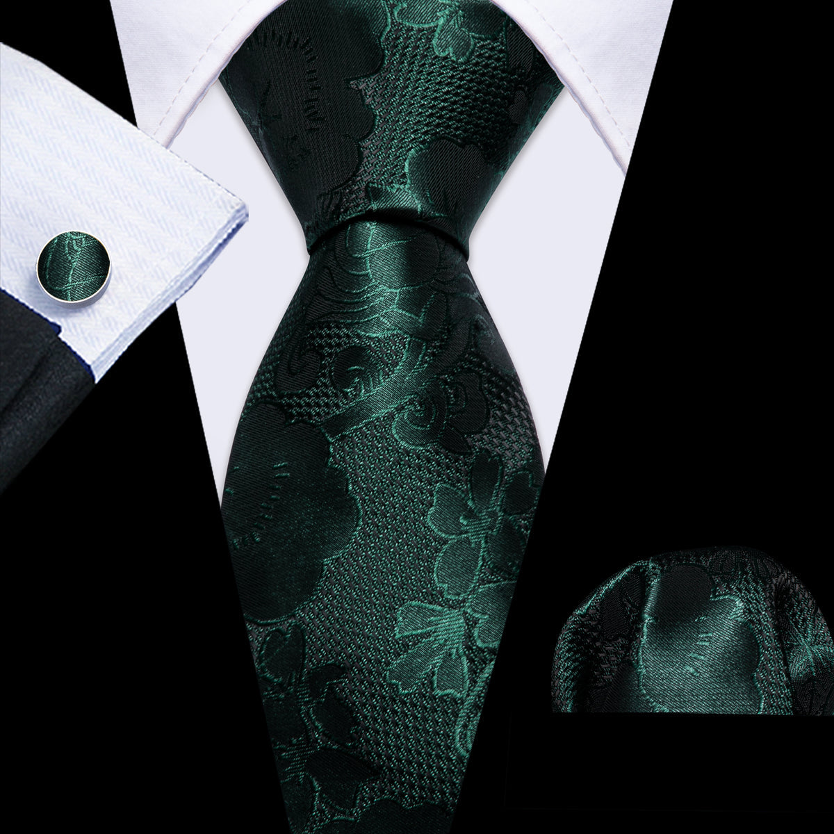 Dark Green Flower Silk Tie, Pocket Square and Cufflinks Set tie sets - Sophisticated Gentlemen