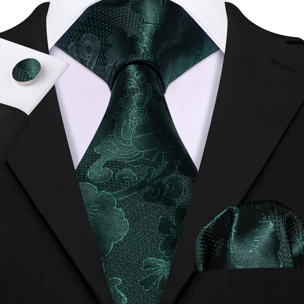 Dark Green Flower Silk Tie, Pocket Square and Cufflinks Set tie sets - Sophisticated Gentlemen