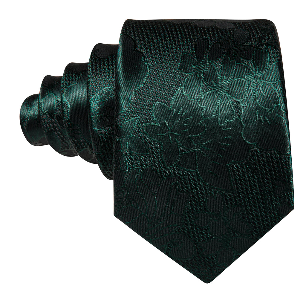 Dark Green Flower Silk Tie, Pocket Square and Cufflinks Set tie sets - Sophisticated Gentlemen
