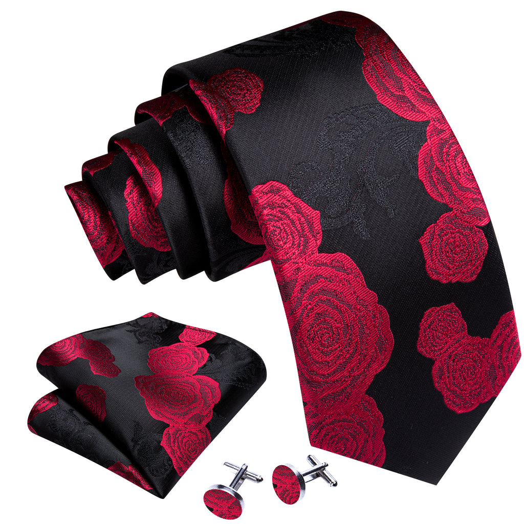 Black Red Flower Silk Tie, Pocket Square and Cufflinks Set tie sets - Sophisticated Gentlemen