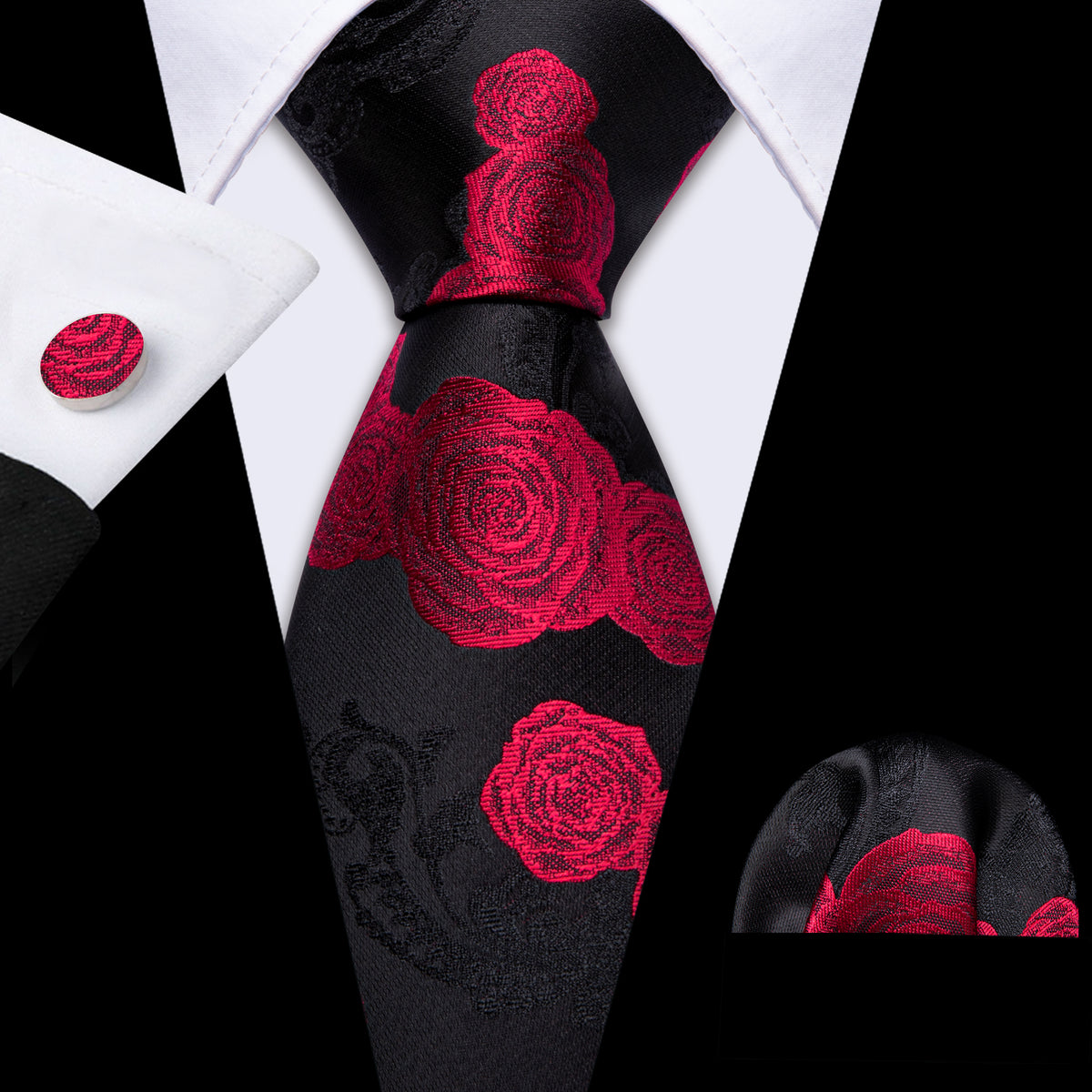 Black Red Flower Silk Tie, Pocket Square and Cufflinks Set tie sets - Sophisticated Gentlemen