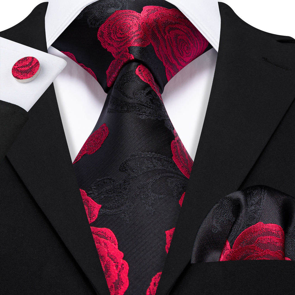 Black Red Flower Silk Tie, Pocket Square and Cufflinks Set tie sets - Sophisticated Gentlemen
