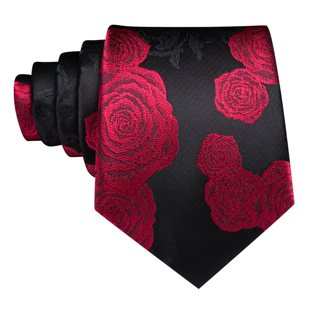 Black Red Flower Silk Tie, Pocket Square and Cufflinks Set tie sets - Sophisticated Gentlemen