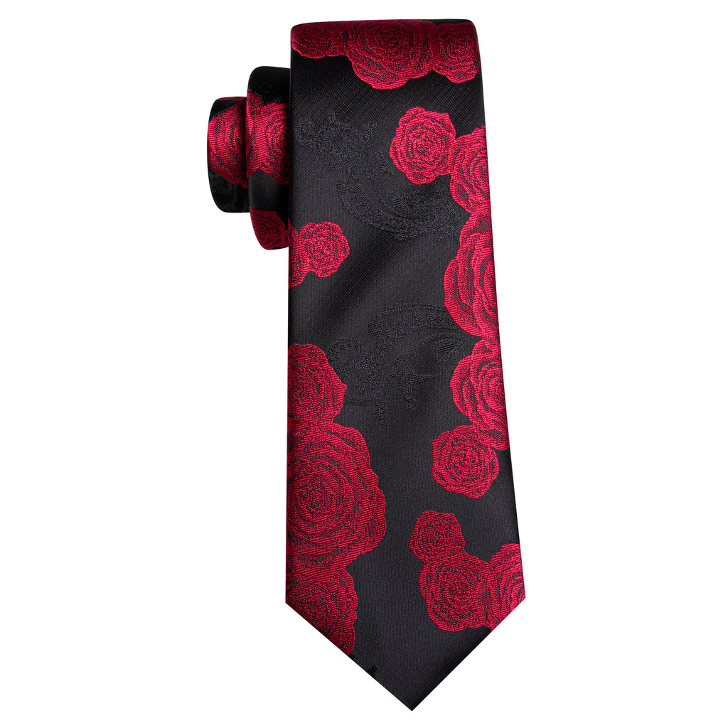 Black Red Flower Silk Tie, Pocket Square and Cufflinks Set tie sets - Sophisticated Gentlemen