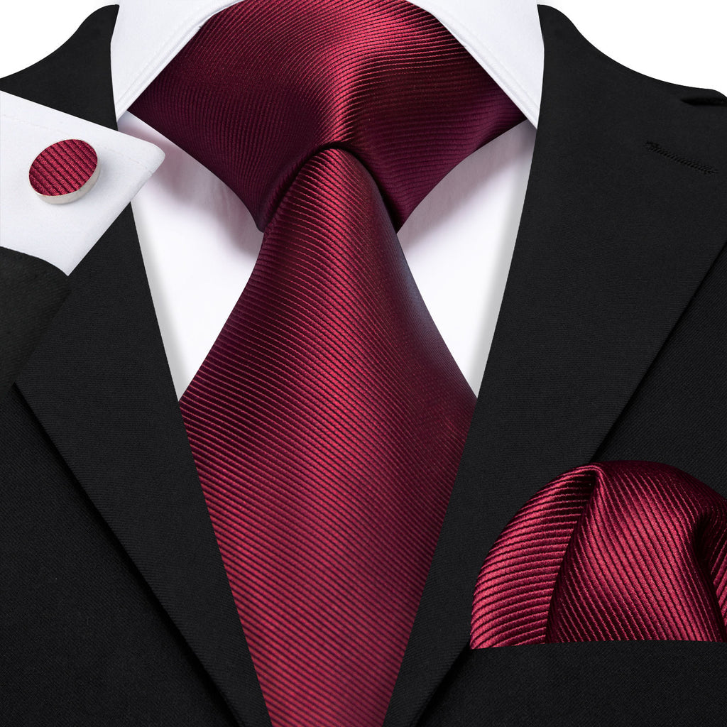Burgundy Red Solid Tie, Pocket Square and Cufflinks Set tie sets - Sophisticated Gentlemen