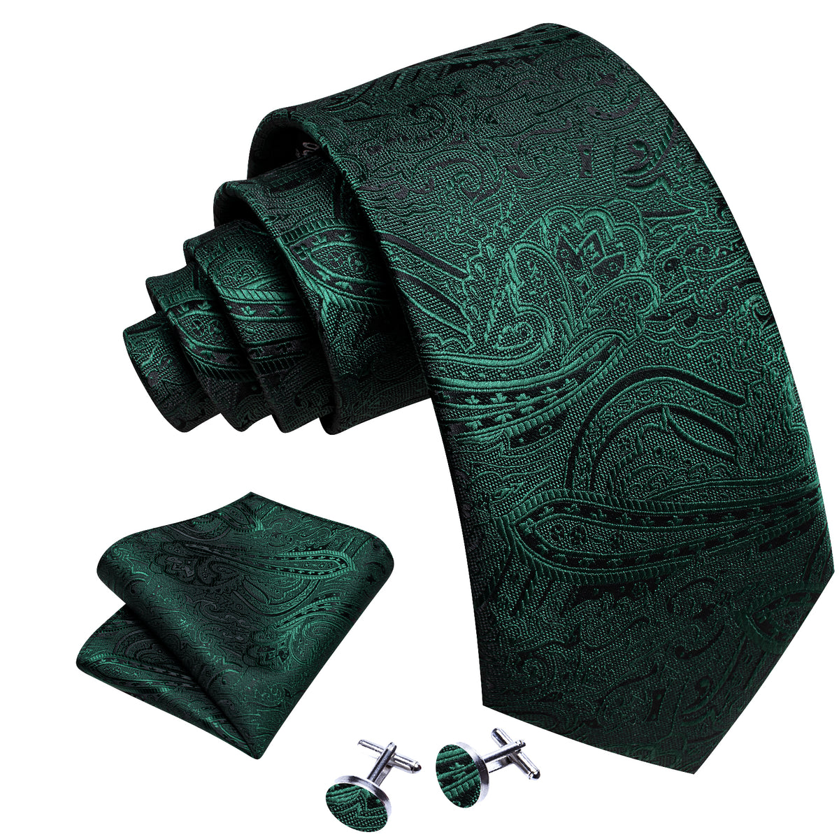 Green Jacquard Paisley Silk Tie, Pocket Square and Cufflinks Set tie sets - Sophisticated Gentlemen
