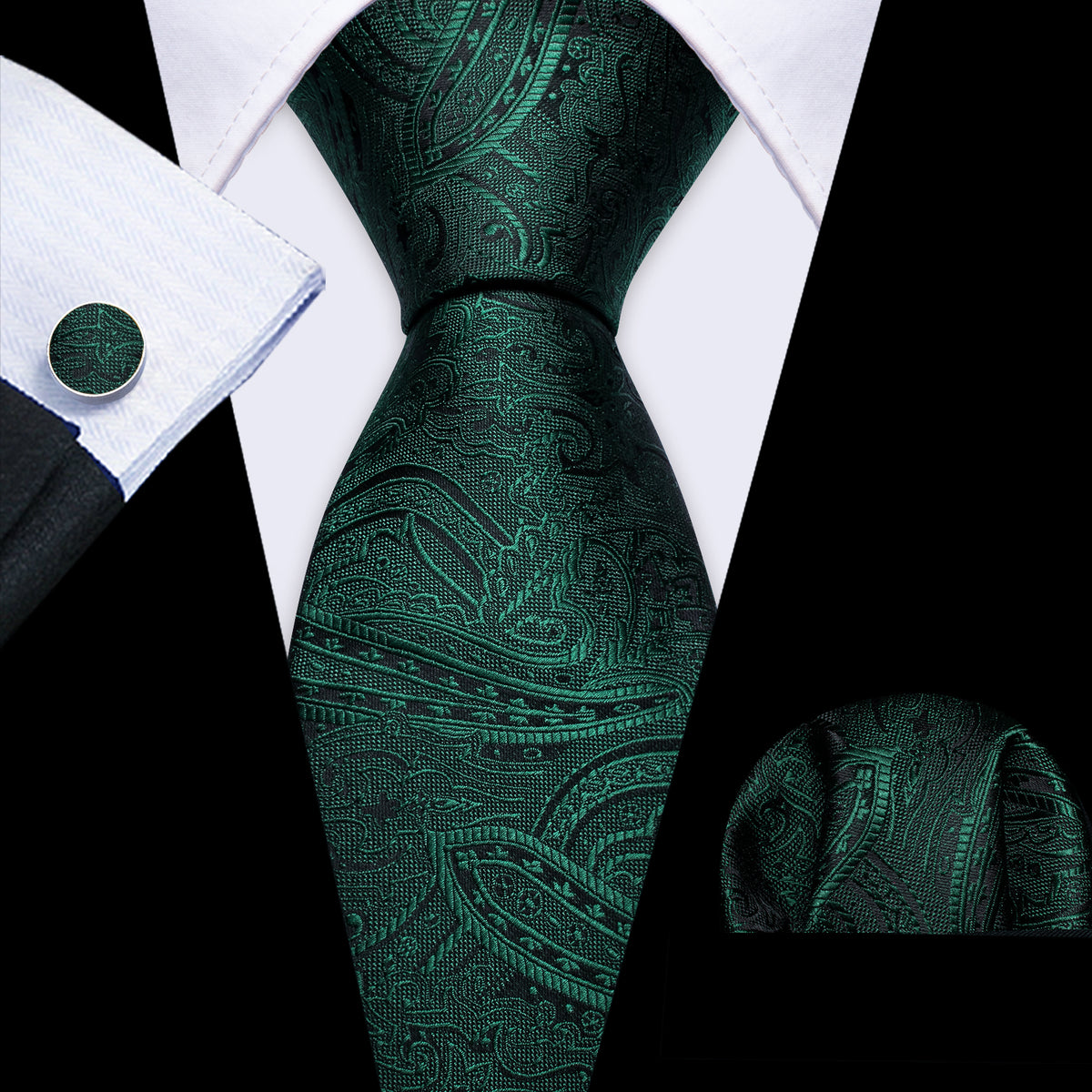 Green Jacquard Paisley Silk Tie, Pocket Square and Cufflinks Set tie sets - Sophisticated Gentlemen