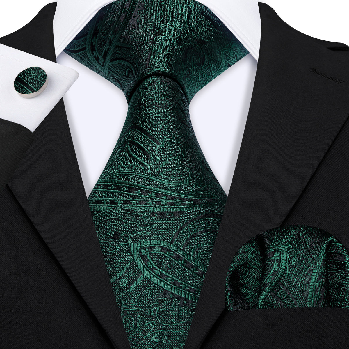 Green Jacquard Paisley Silk Tie, Pocket Square and Cufflinks Set tie sets - Sophisticated Gentlemen