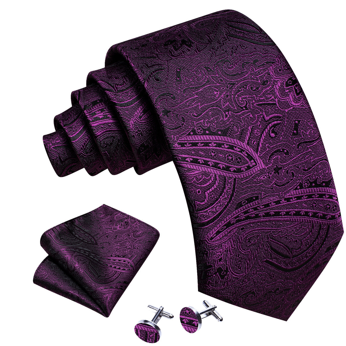 Purple Azalea Paisley Silk Tie, Pocket Square and Cufflinks Set tie sets - Sophisticated Gentlemen