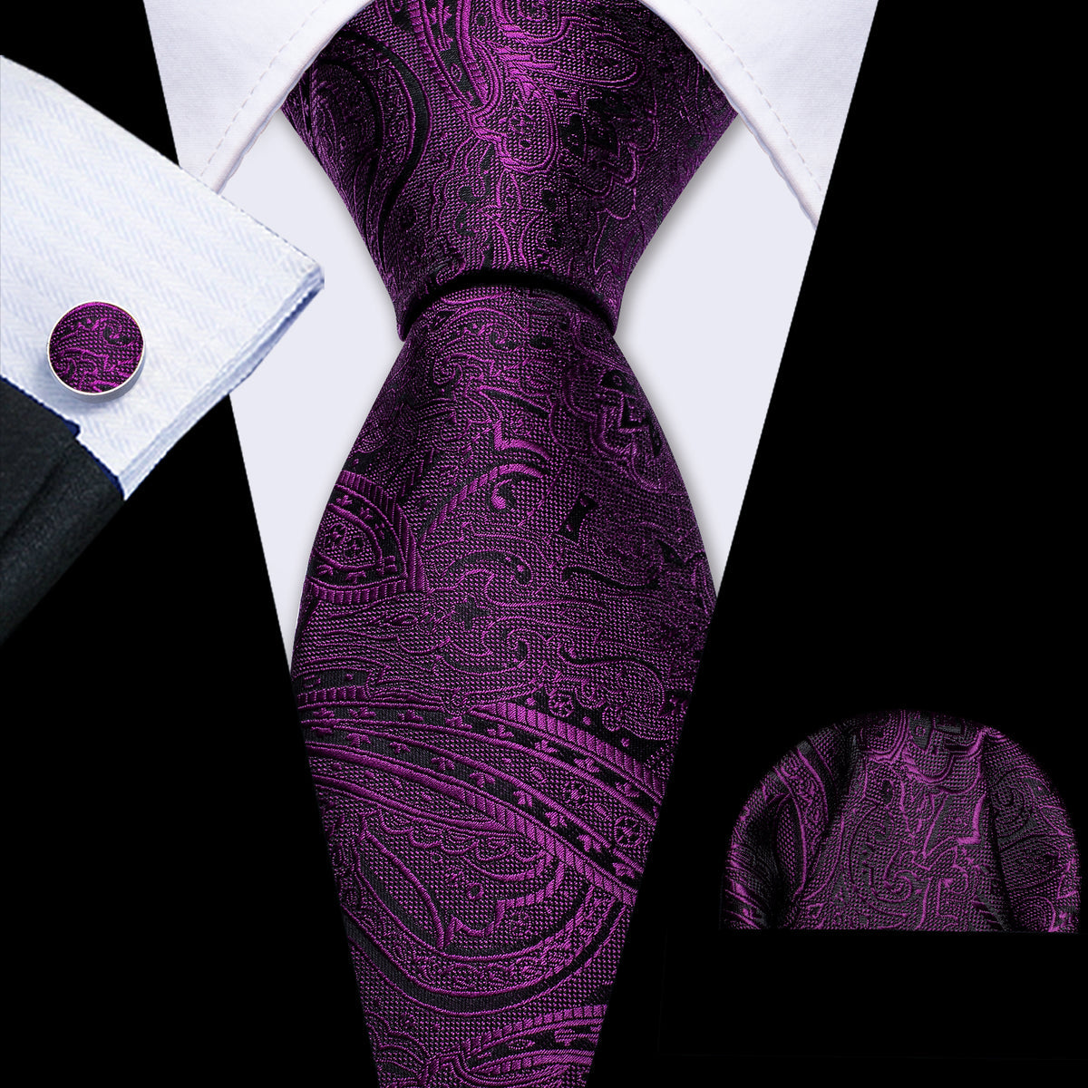Purple Azalea Paisley Silk Tie, Pocket Square and Cufflinks Set tie sets - Sophisticated Gentlemen
