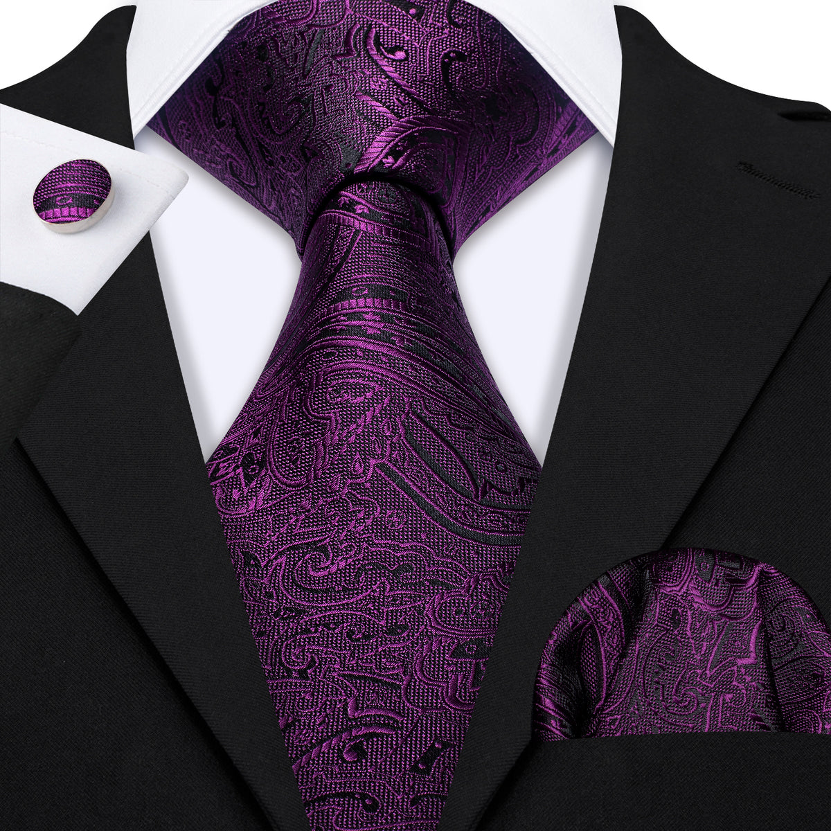 Purple Azalea Paisley Silk Tie, Pocket Square and Cufflinks Set tie sets - Sophisticated Gentlemen