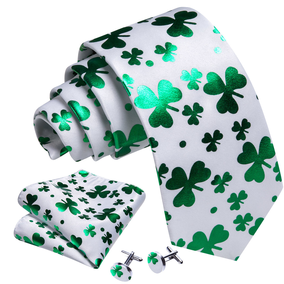 White and Green Clover Tie, Pocket Square and Cufflinks tie sets - Sophisticated Gentlemen