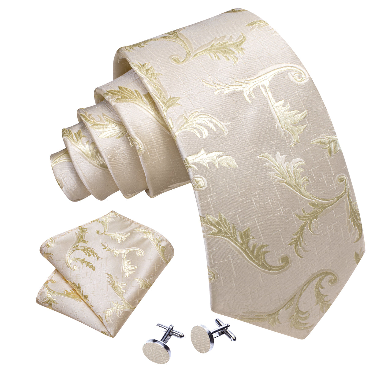 Ivory Champagne Floral Silk Tie, Pocket Square and Cufflinks Set tie sets - Sophisticated Gentlemen