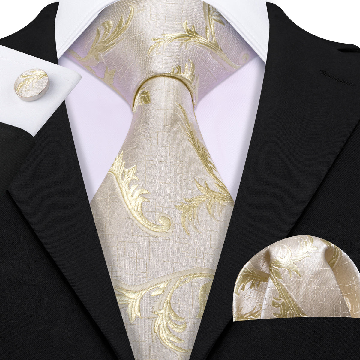 Ivory Champagne Floral Silk Tie, Pocket Square and Cufflinks Set tie sets - Sophisticated Gentlemen