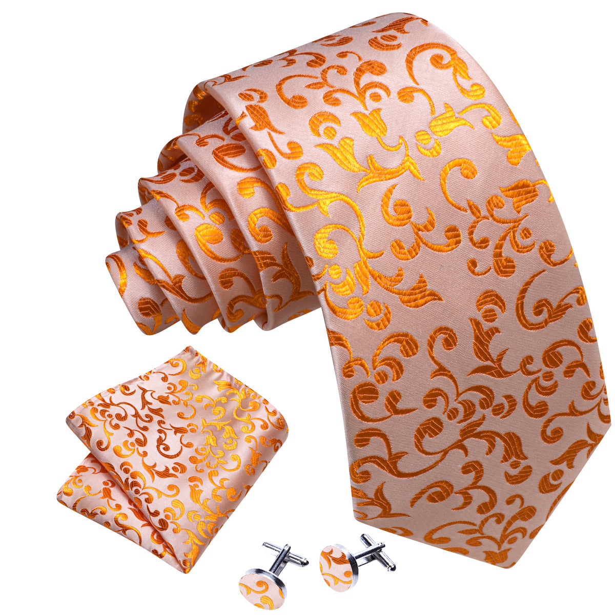 Pink Orange Floral Silk Tie, Pocket Square and Cufflinks Set tie sets - Sophisticated Gentlemen