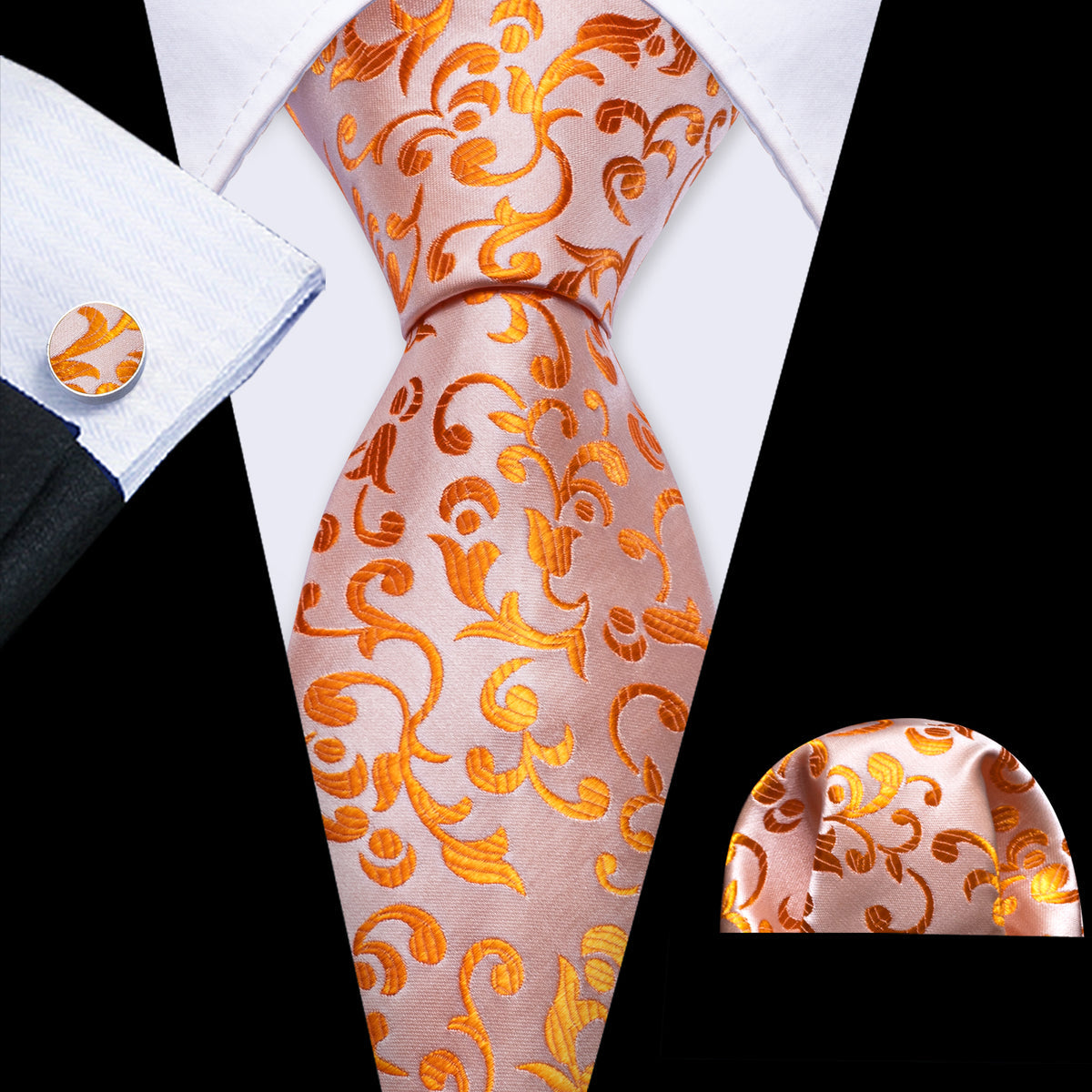 Pink Orange Floral Silk Tie, Pocket Square and Cufflinks Set tie sets - Sophisticated Gentlemen