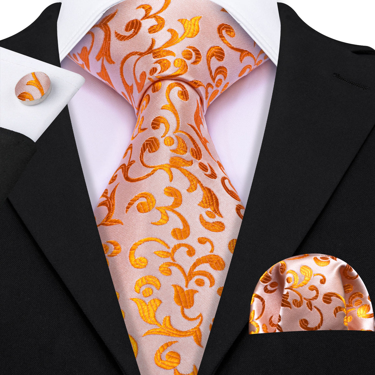 Pink Orange Floral Silk Tie, Pocket Square and Cufflinks Set tie sets - Sophisticated Gentlemen