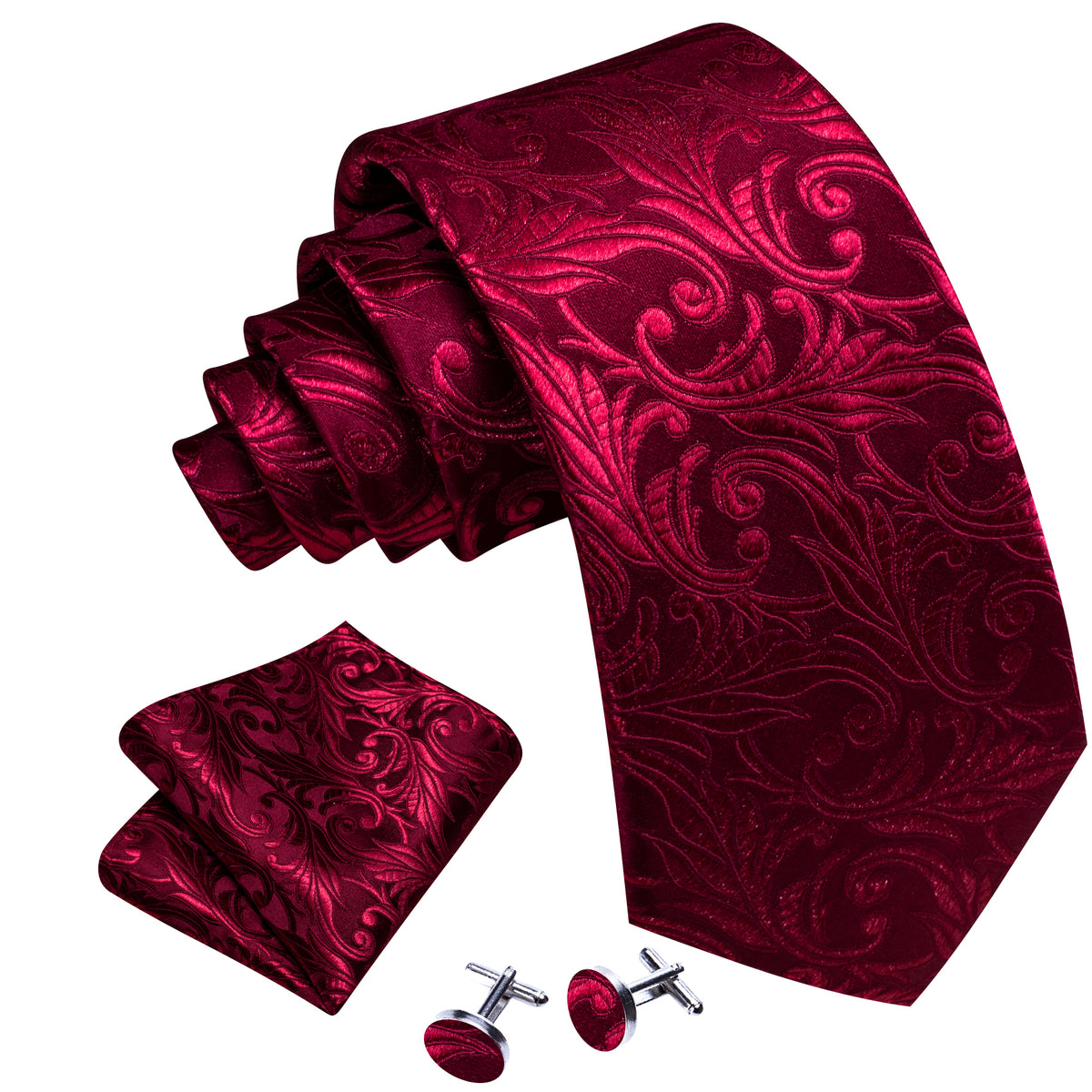 Dark Red Tie Paisley Silk Tie, Pocket Square and Cufflinks Set tie sets - Sophisticated Gentlemen