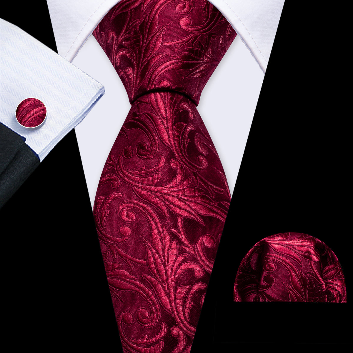 Dark Red Tie Paisley Silk Tie, Pocket Square and Cufflinks Set tie sets - Sophisticated Gentlemen