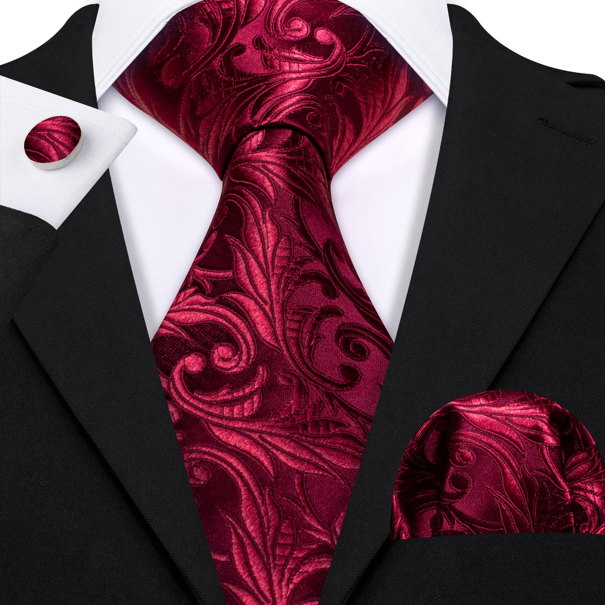 Dark Red Tie Paisley Silk Tie, Pocket Square and Cufflinks Set tie sets - Sophisticated Gentlemen