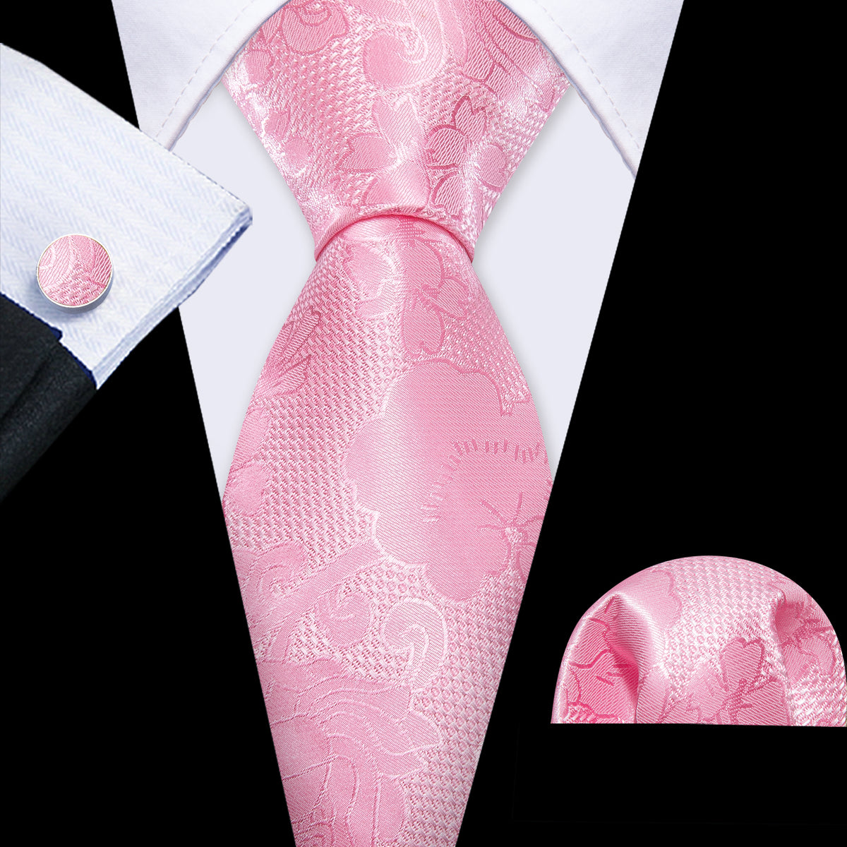 Bright Pink Flower Silk Tie, Pocket Square and Cufflinks Set tie sets - Sophisticated Gentlemen