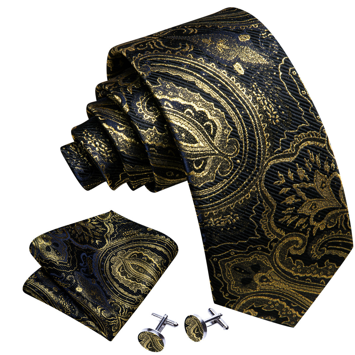 Black Gold Paisley Silk Tie, Pocket Square and Cufflinks Set tie sets - Sophisticated Gentlemen