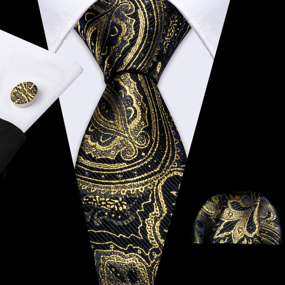 Black Gold Paisley Silk Tie, Pocket Square and Cufflinks Set tie sets - Sophisticated Gentlemen