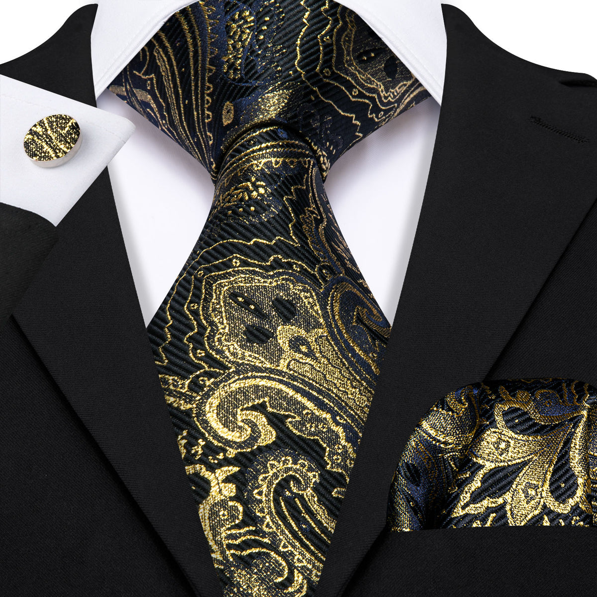 Black Gold Paisley Silk Tie, Pocket Square and Cufflinks Set tie sets - Sophisticated Gentlemen