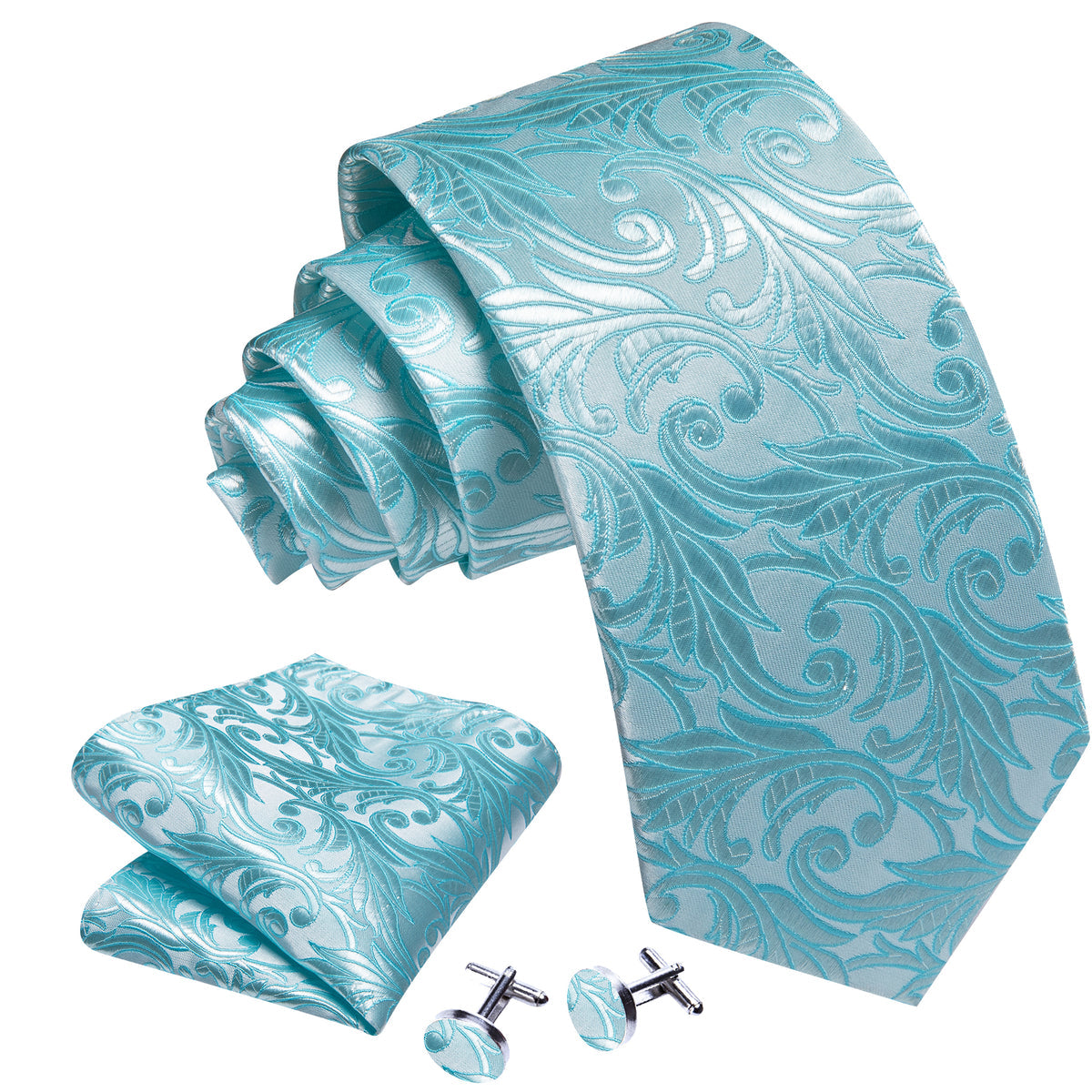 Floral Sea Foam Silk Tie, Pocket Square and Cufflinks Set tie sets - Sophisticated Gentlemen