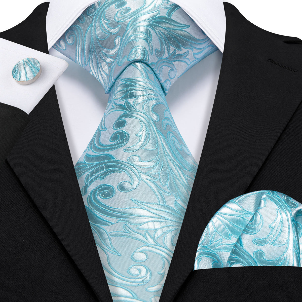 Floral Sea Foam Silk Tie, Pocket Square and Cufflinks Set tie sets - Sophisticated Gentlemen