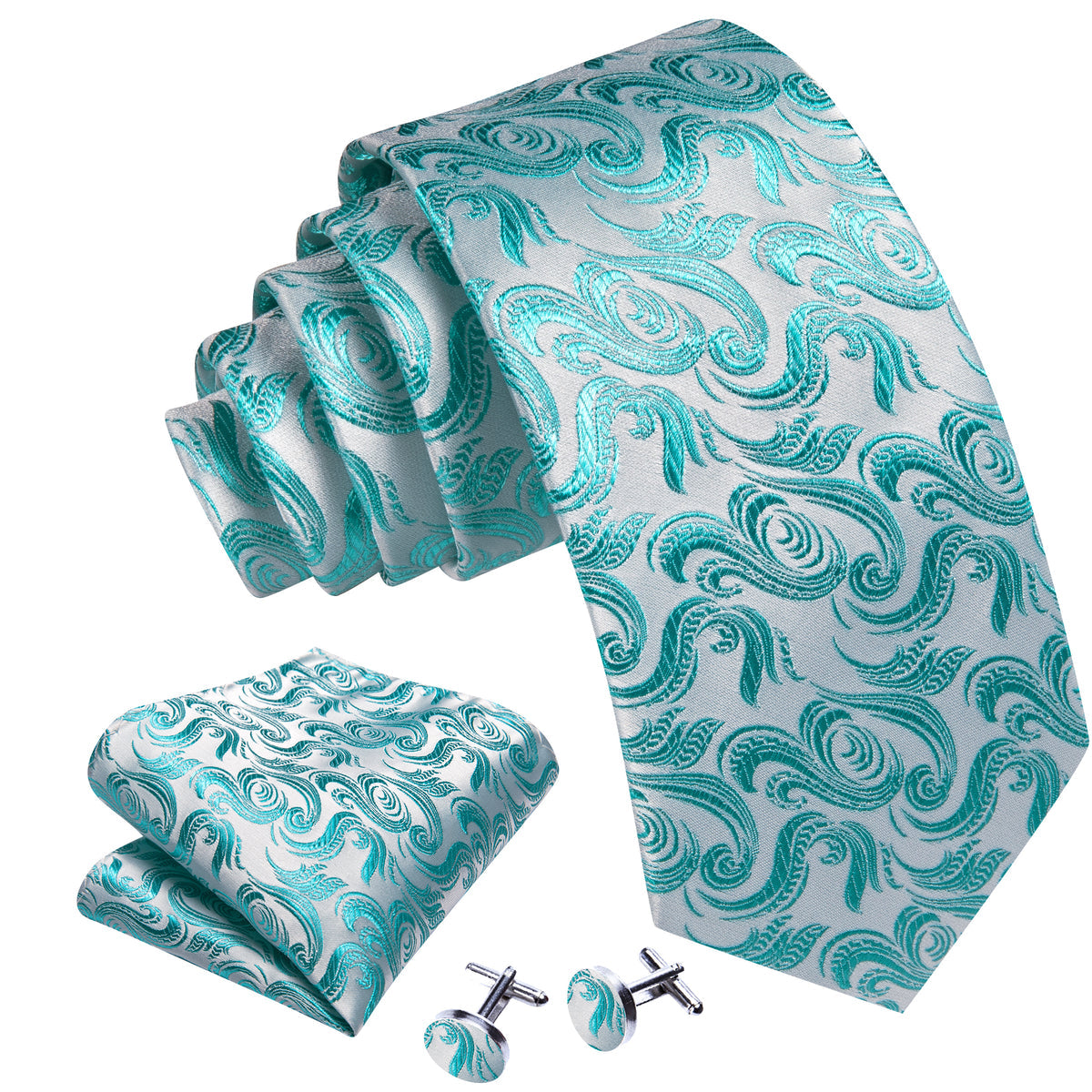 Teal Blue White Floral Silk Tie, Pocket Square and Cufflinks Set tie sets - Sophisticated Gentlemen