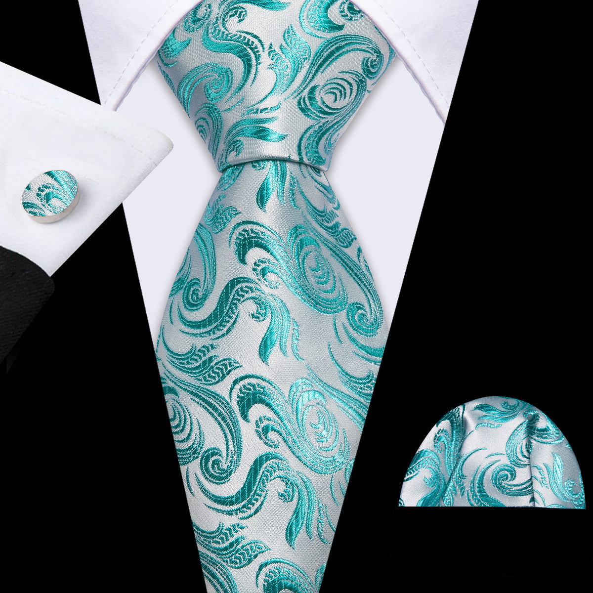 Teal Blue White Floral Silk Tie, Pocket Square and Cufflinks Set tie sets - Sophisticated Gentlemen