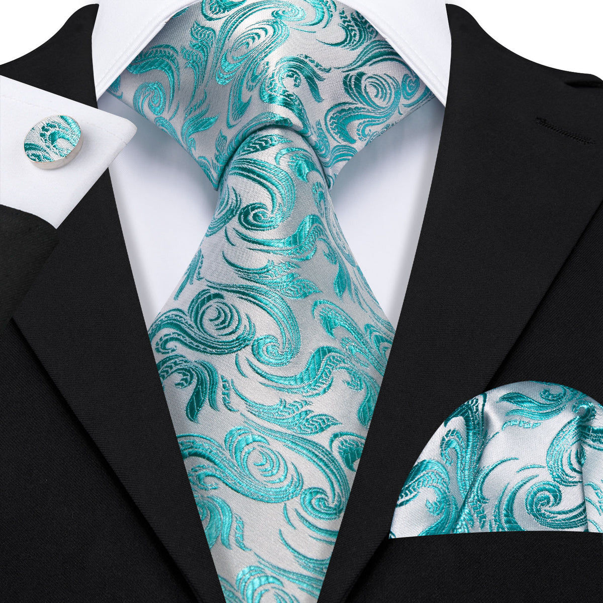 Teal Blue White Floral Silk Tie, Pocket Square and Cufflinks Set tie sets - Sophisticated Gentlemen