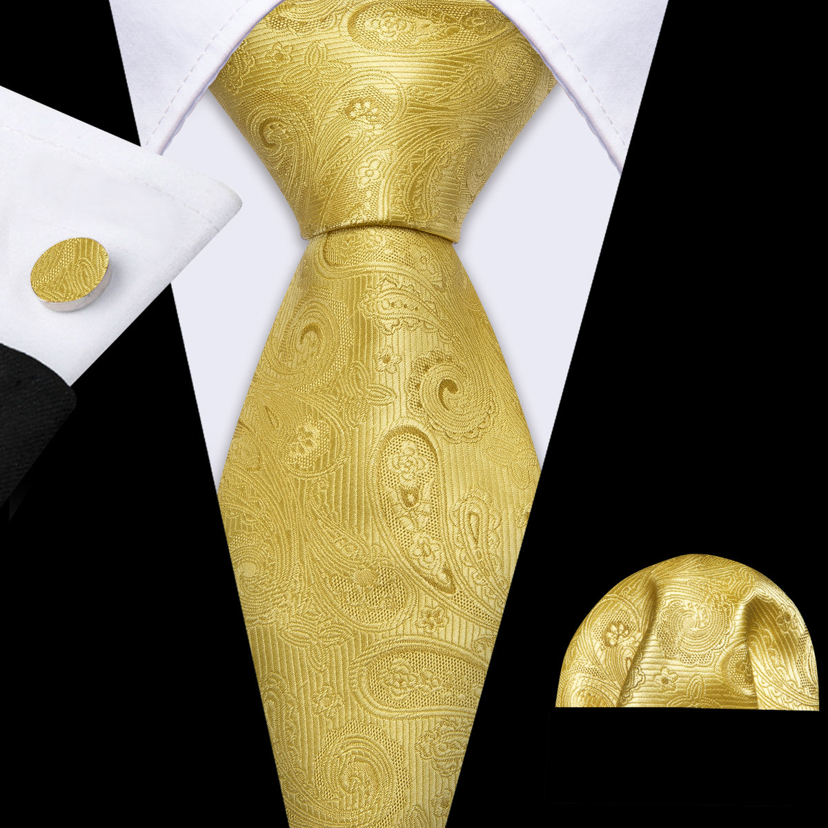 Gold Paisley Silk Tie, Pocket Square and Cufflinks Set tie sets - Sophisticated Gentlemen