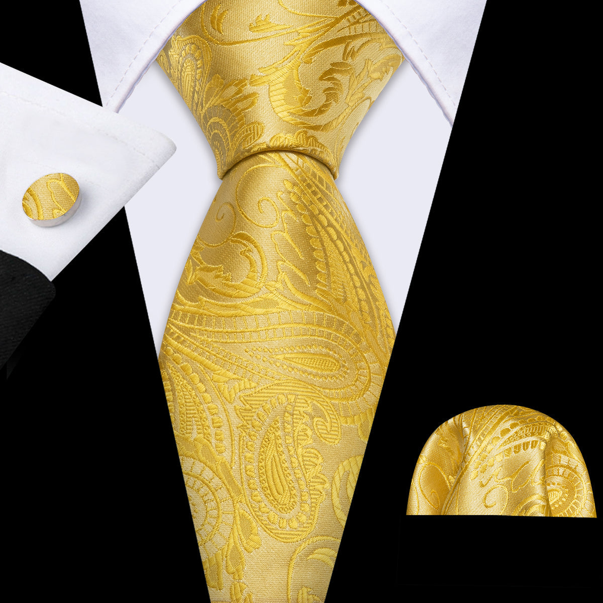 Gold Paisley Silk Tie, Pocket Square and Cufflinks Set tie sets - Sophisticated Gentlemen