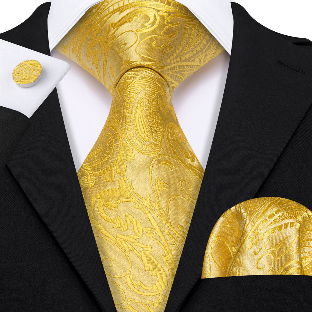 Gold Paisley Silk Tie, Pocket Square and Cufflinks Set tie sets - Sophisticated Gentlemen