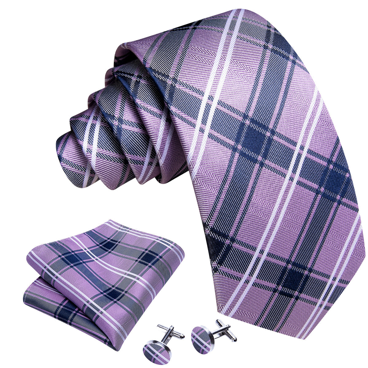 Purple Blue Checkered Plaid Tie, Pocket Square and Cufflinks Set tie sets - Sophisticated Gentlemen
