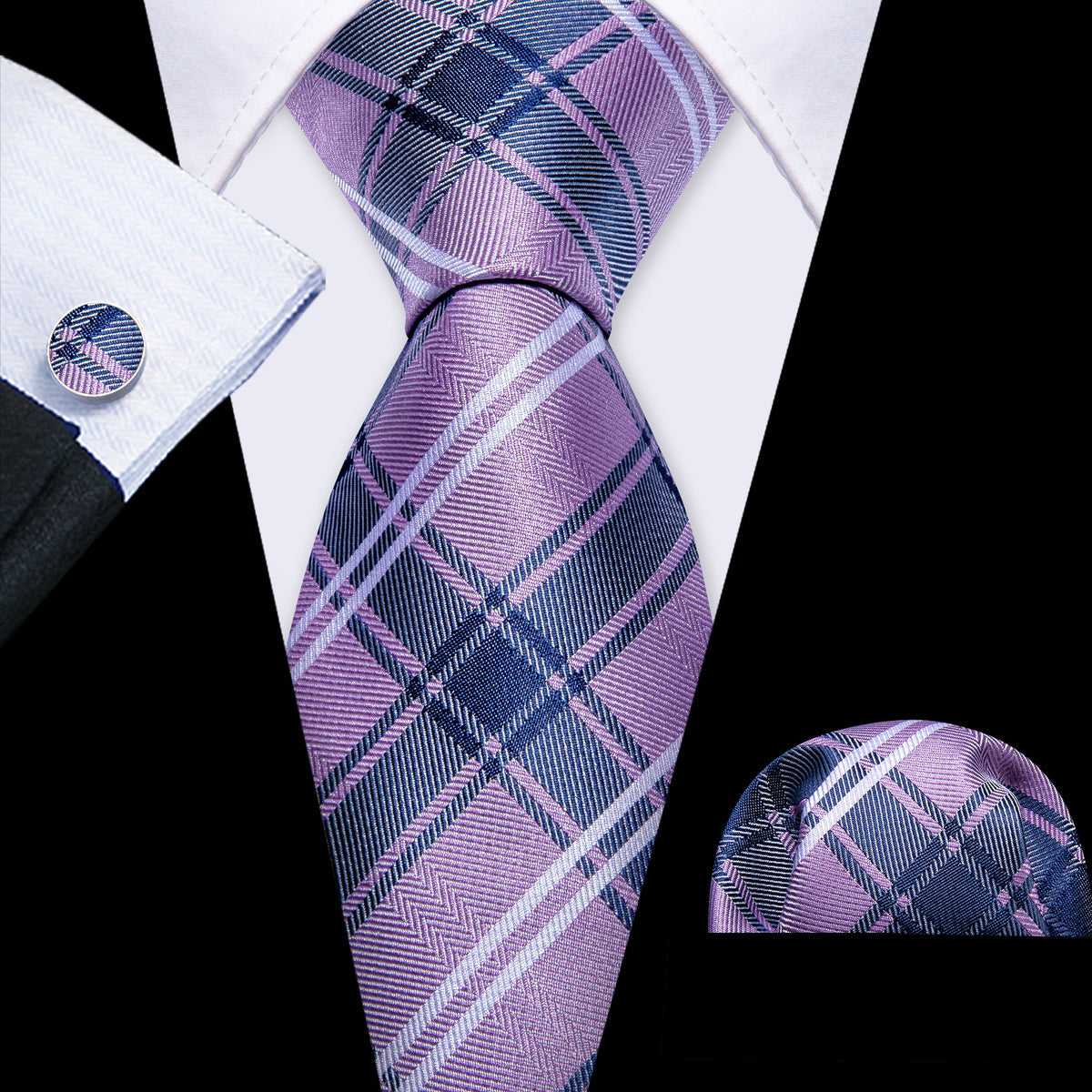 Purple Blue Checkered Plaid Tie, Pocket Square and Cufflinks Set tie sets - Sophisticated Gentlemen