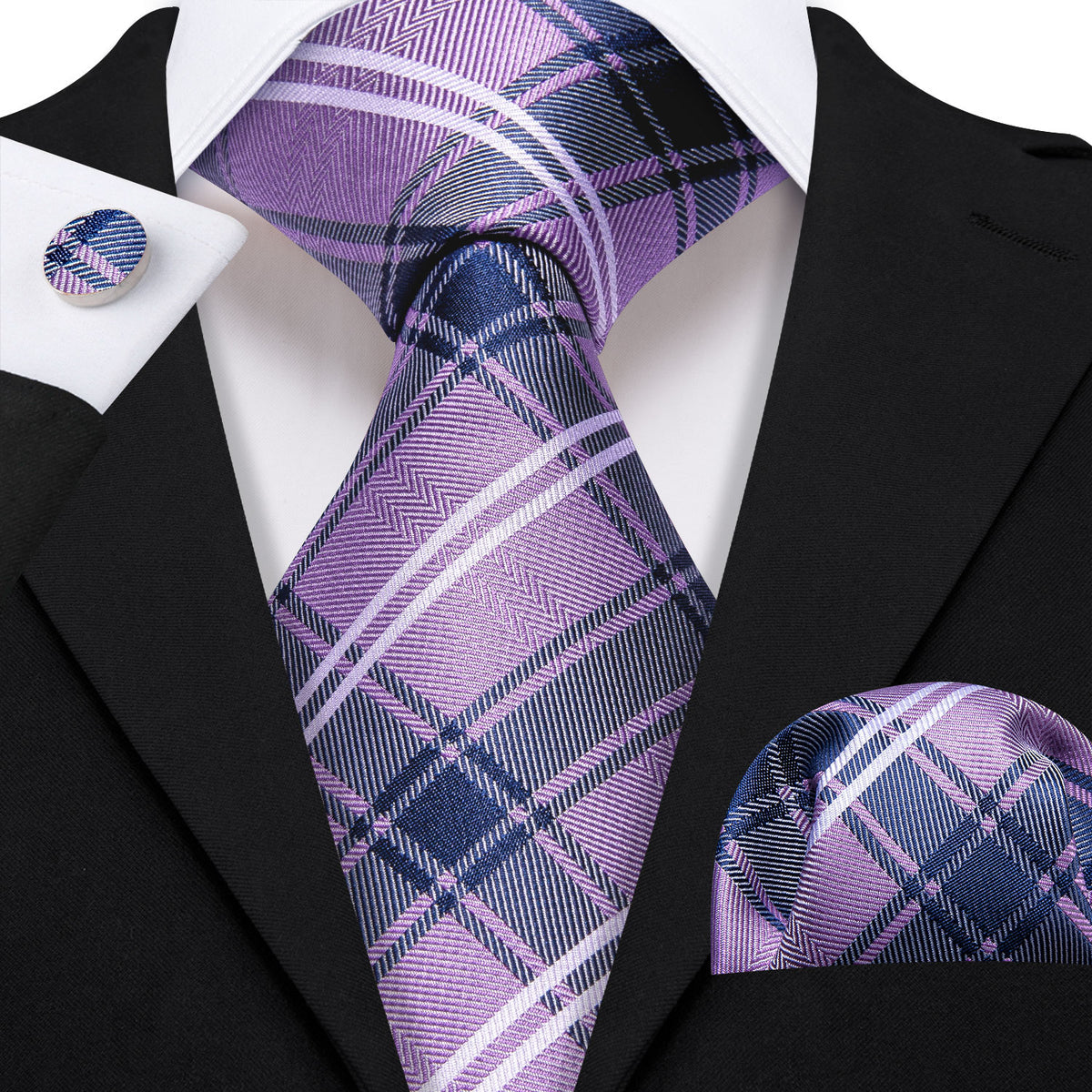 Purple Blue Checkered Plaid Tie, Pocket Square and Cufflinks Set tie sets - Sophisticated Gentlemen