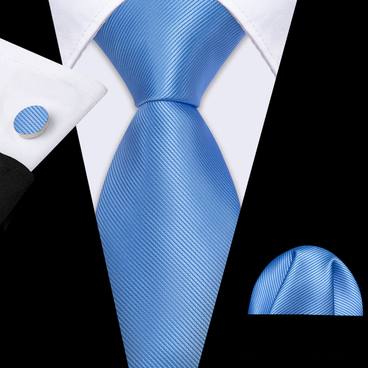Sky Blue Solid Silk Tie, Pocket Square and Cufflinks Set tie sets - Sophisticated Gentlemen