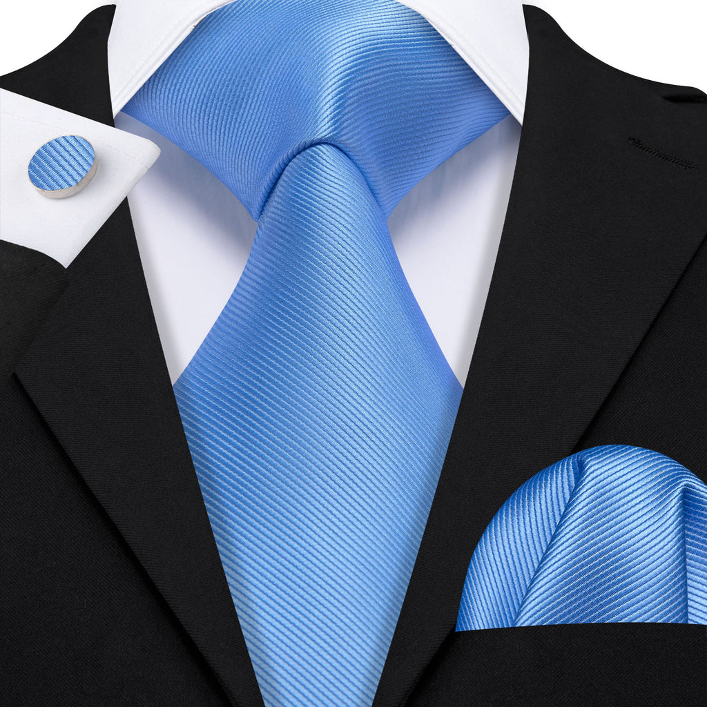 Sky Blue Solid Silk Tie, Pocket Square and Cufflinks Set tie sets - Sophisticated Gentlemen